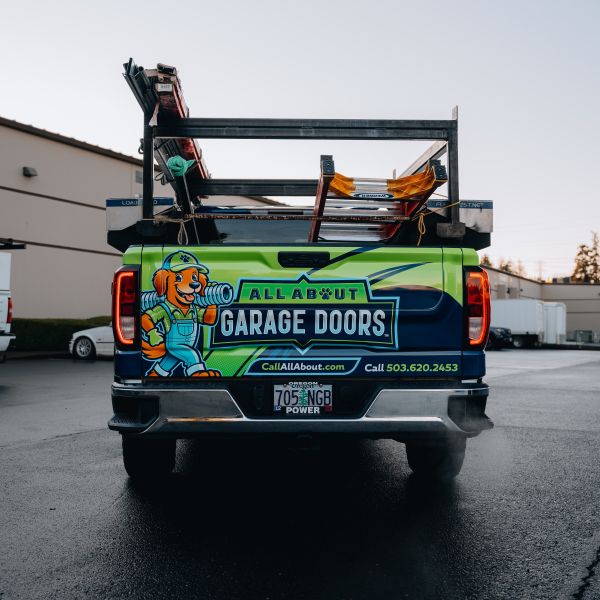 Picture of wrapped work truck about to head out for an automatic gate installation in Aloha OR by All About Garage Doors