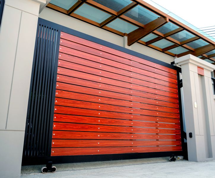 Vibrant wood and sleek black automatic gate installed by All About Garage Doors in Tigard OR