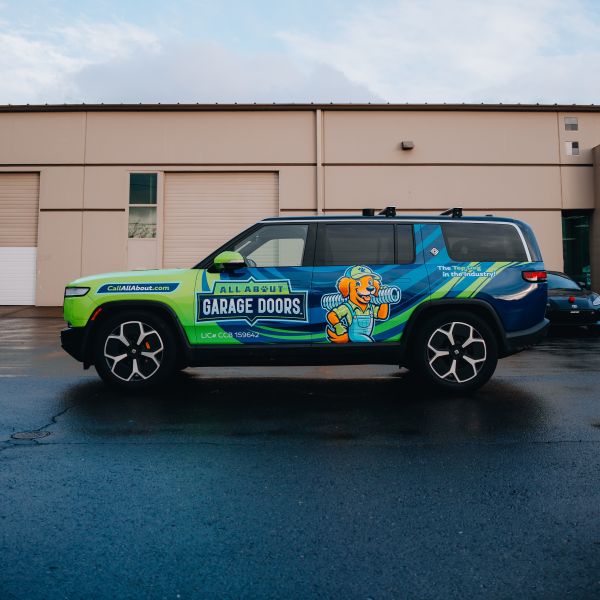 Wrapped SUV for All About Garage Doors before heading out to an emergency garage door repair in Beaverton OR