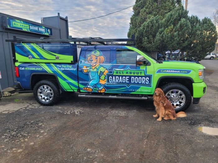 An All About Garage Doors work truck before heading off for an emergency garage door service in Aloha OR