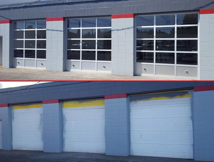 Before and after photos of a commercial garage door replacement by All About Garage Doors in Hillsboro OR